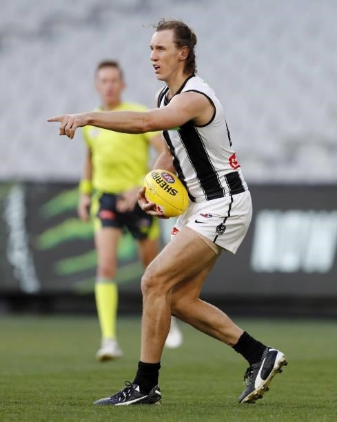 Chris Mayne of the Magpies looks on during the 2021 AFL Round 23 match between the Essendon Bombers and the Collingwood Magpies at the Melbourne...