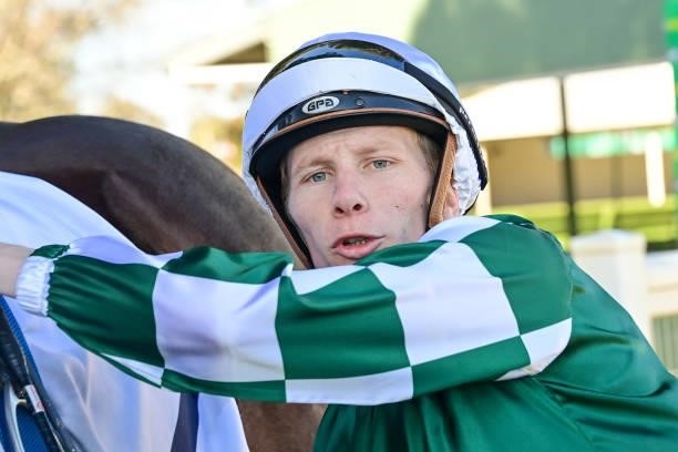Damien Thornton after winning the Pooles Accountants BM70 Handicap - Murray Mallee Stayers Series Heat 4 at Swan Hill Racecourse on August 22, 2021...