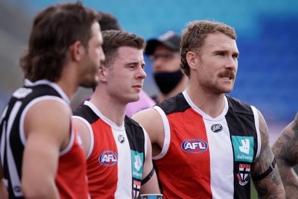 Dean Kent of the Saints looks on during the 2021 AFL Round 23 match between the St Kilda Saints and the Fremantle Dockers at Blundstone Arena on...