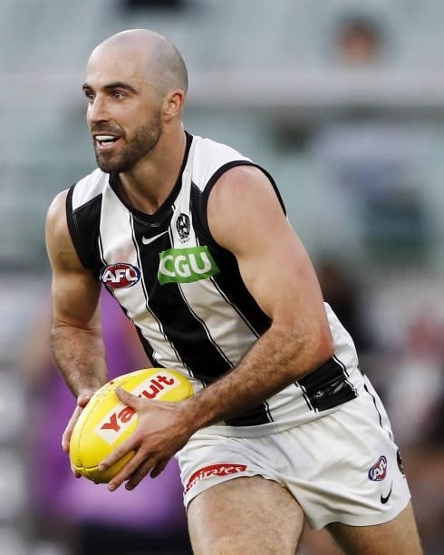 Steele Sidebottom of the Magpies looks on during the 2021 AFL Round 23 match between the Essendon Bombers and the Collingwood Magpies at the...