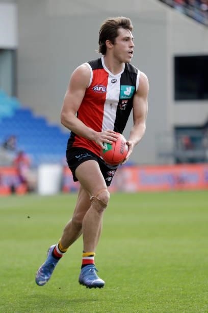 Jack Steele of the Saints in action during the 2021 AFL Round 23 match between the St Kilda Saints and the Fremantle Dockers at Blundstone Arena on...