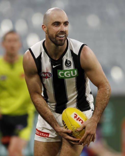 Steele Sidebottom of the Magpies looks on during the 2021 AFL Round 23 match between the Essendon Bombers and the Collingwood Magpies at the...