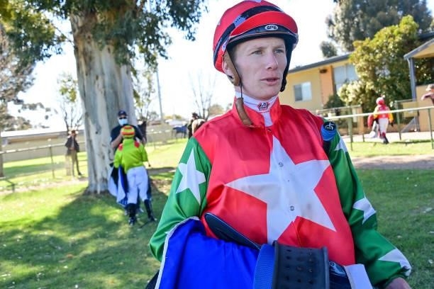 Damien Thornton after winning the Hygain BM70 Handicap - Murray Mallee Sprint Series Heat 4 at Swan Hill Racecourse on August 22, 2021 in Swan Hill,...