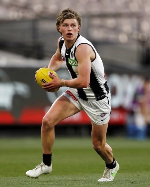 Jay Rantall of the Magpies looks on during the 2021 AFL Round 23 match between the Essendon Bombers and the Collingwood Magpies at the Melbourne...