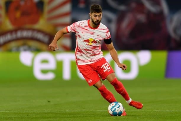 Josko Gvardiol of RB Leipzig controls the ball during the Bundesliga match between RB Leipzig and VfB Stuttgart at Red Bull Arena on August 20, 2021...
