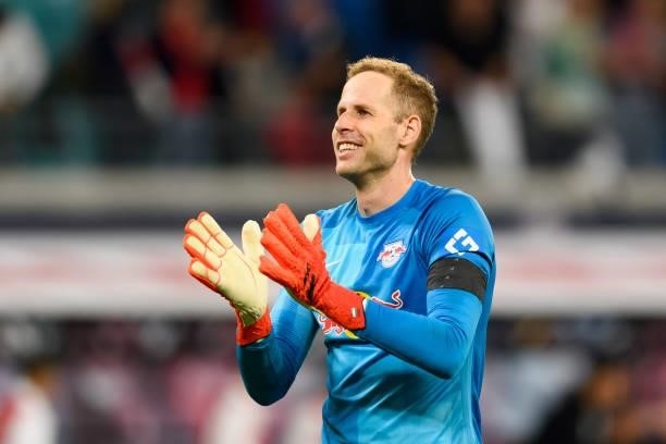 Goalkeeper Peter Gulacsi of RB Leipzig looks on during the Bundesliga match between RB Leipzig and VfB Stuttgart at Red Bull Arena on August 20, 2021...