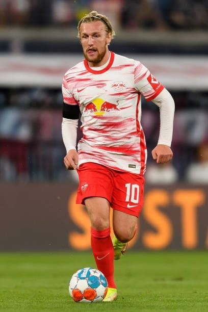 Emil Forsberg of RB Leipzig controls the ball during the Bundesliga match between RB Leipzig and VfB Stuttgart at Red Bull Arena on August 20, 2021...