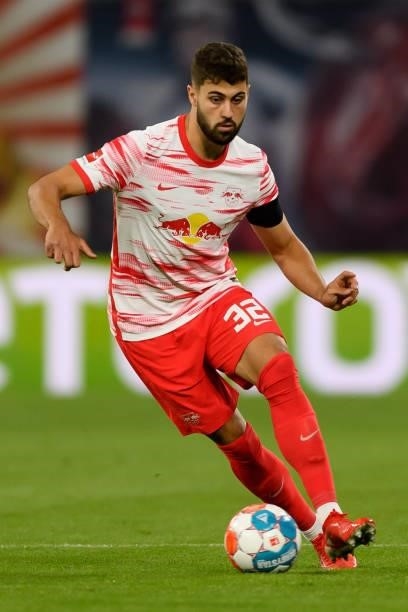 Josko Gvardiol of RB Leipzig controls the ball during the Bundesliga match between RB Leipzig and VfB Stuttgart at Red Bull Arena on August 20, 2021...