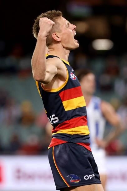 David Mackay of the Crows celebrates a goal during the 2021 AFL Round 23 match between the Adelaide Crows and the North Melbourne Kangaroos at...