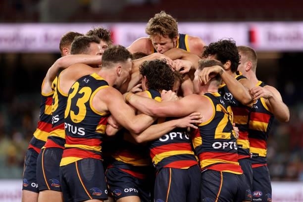David Mackay of the Crows celebrates a goal during the 2021 AFL Round 23 match between the Adelaide Crows and the North Melbourne Kangaroos at...