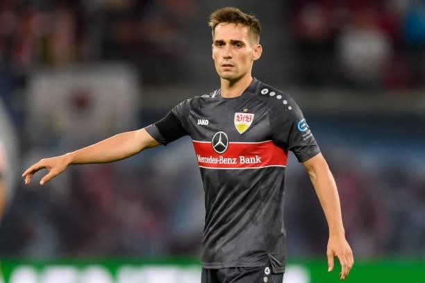 Philipp Klement of VfB Stuttgart gestures during the Bundesliga match between RB Leipzig and VfB Stuttgart at Red Bull Arena on August 20, 2021 in...