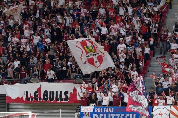 Supporters of RB Leipzig during the Bundesliga match between RB Leipzig and VfB Stuttgart at Red Bull Arena on August 20, 2021 in Leipzig, Germany.