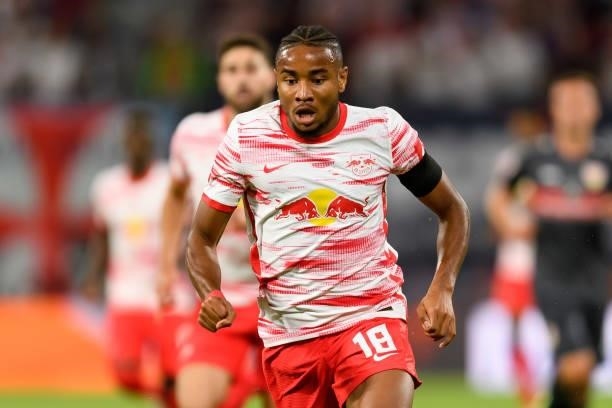 Christopher Nkunku of RB Leipzig looks on during the Bundesliga match between RB Leipzig and VfB Stuttgart at Red Bull Arena on August 20, 2021 in...