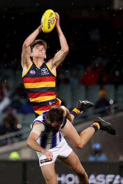 Lachlan Gollant of the Crows marks the ball during the 2021 AFL Round 23 match between the Adelaide Crows and the North Melbourne Kangaroos at...