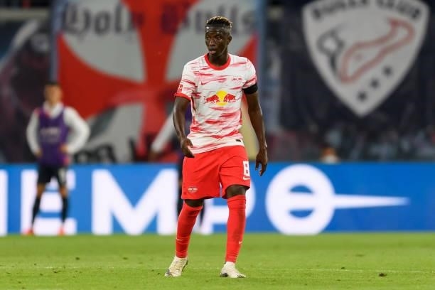 Amadou Haidara of RB Leipzig looks on during the Bundesliga match between RB Leipzig and VfB Stuttgart at Red Bull Arena on August 20, 2021 in...