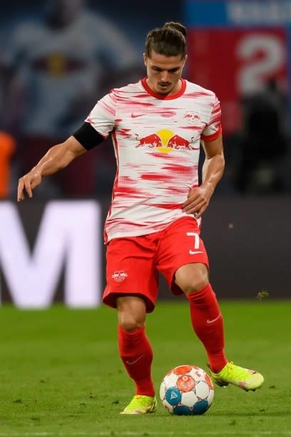 Marcel Sabitzer of RB Leipzig controls the ball during the Bundesliga match between RB Leipzig and VfB Stuttgart at Red Bull Arena on August 20, 2021...