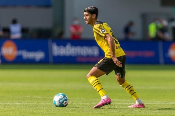 Mahmoud Dahoud of Borussia Dortmund controls the Ball during the Bundesliga match between Sport-Club Freiburg and Borussia Dortmund at SC-Stadion on...