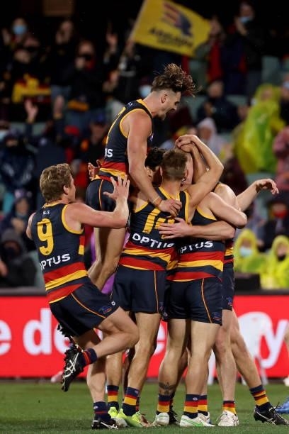 Tom Lynch of the Crows celebrates a goal during the 2021 AFL Round 23 match between the Adelaide Crows and the North Melbourne Kangaroos at Adelaide...