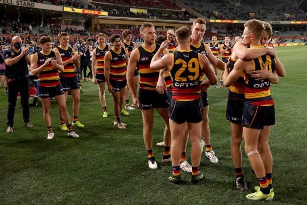 Tom Lynch and David Mackay of the Crows after their last game for the club during the 2021 AFL Round 23 match between the Adelaide Crows and the...