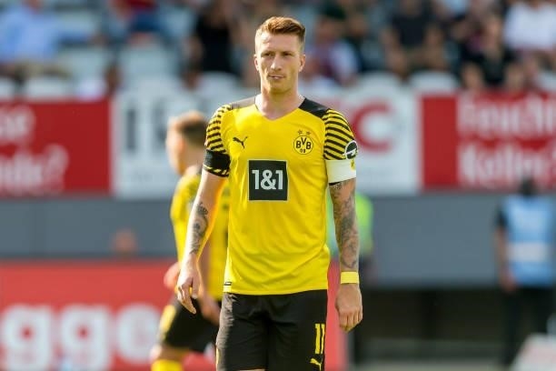 Marco Reus of Borussia Dortmund Looks on during the Bundesliga match between Sport-Club Freiburg and Borussia Dortmund at SC-Stadion on August 21,...