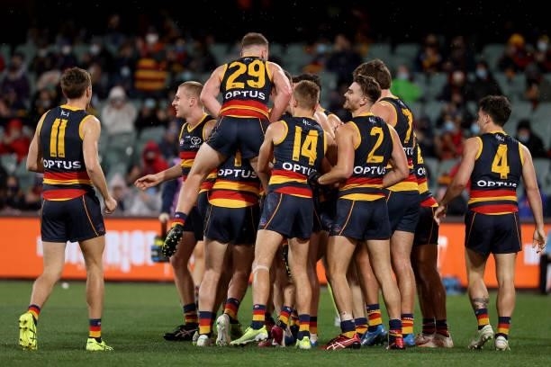 Lachlan Gollant of the Crows celebrates a goal during the 2021 AFL Round 23 match between the Adelaide Crows and the North Melbourne Kangaroos at...