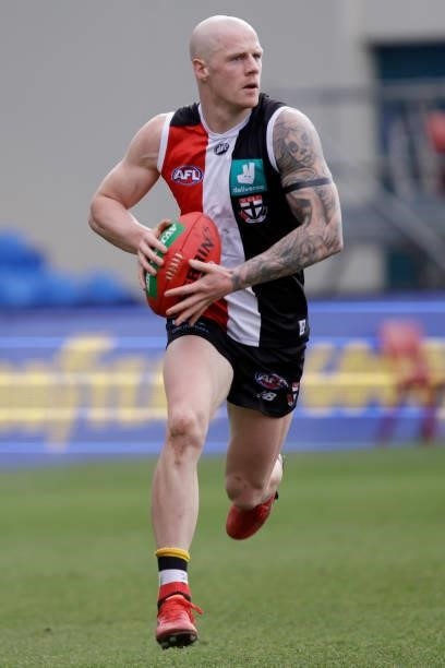 Zak Jones of the Saints in action during the 2021 AFL Round 23 match between the St Kilda Saints and the Fremantle Dockers at Blundstone Arena on...
