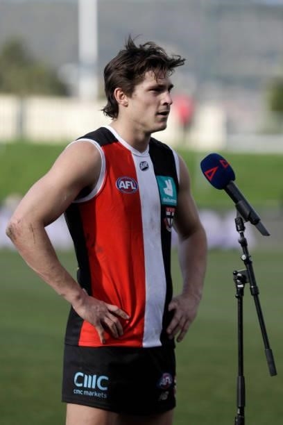 Jack Steele of the Saints speaks to the media during the 2021 AFL Round 23 match between the St Kilda Saints and the Fremantle Dockers at Blundstone...