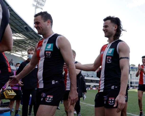 Jack Sinclair of the Saints walks off the field during the 2021 AFL Round 23 match between the St Kilda Saints and the Fremantle Dockers at...