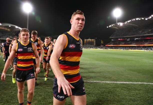 Tom Lynch of the Crows leaves the oval after playing his last game for the club during the 2021 AFL Round 23 match between the Adelaide Crows and the...
