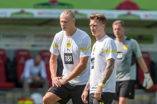 Erling Haaland of Borussia Dortmund and Marco Reus of Borussia Dortmund Looks on prior to the Bundesliga match between Sport-Club Freiburg and...