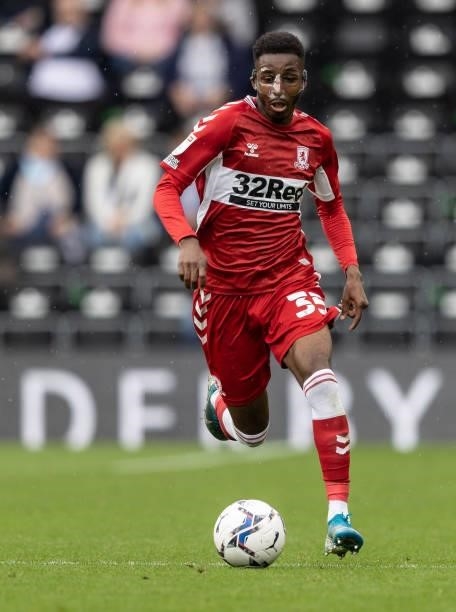 Middlesbrough's Isaiah Jones breaks during the Sky Bet Championship match between Derby County and Middlesbrough at Pride Park Stadium on August 21,...