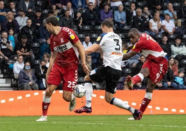 Middlesbrough's Uche Ikpeazu shoots at goal during the Sky Bet Championship match between Derby County and Middlesbrough at Pride Park Stadium on...