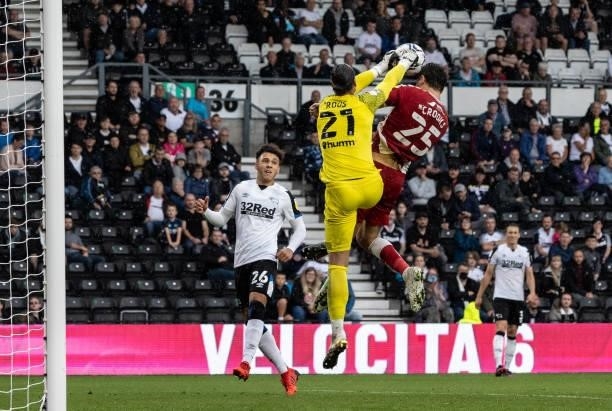 Middlesbrough's Matt Crooks competing with Derby County's goalkeeper Kelle Roos during the Sky Bet Championship match between Derby County and...
