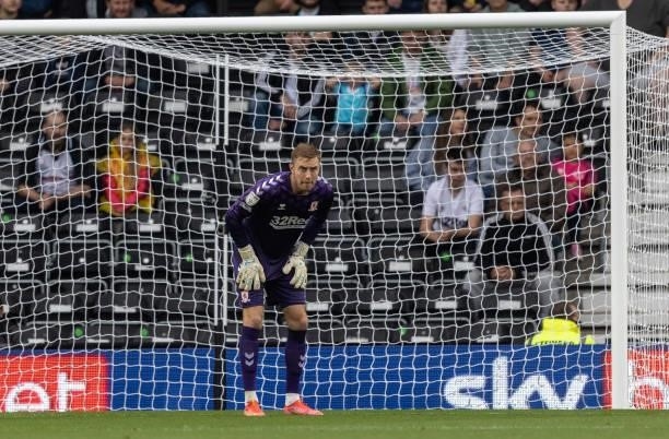 Middlesbrough's Joe Lumley looks on during the Sky Bet Championship match between Derby County and Middlesbrough at Pride Park Stadium on August 21,...