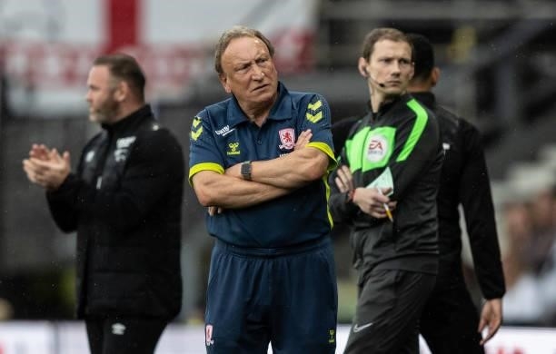 Middlesbrough's manager Neil Warnock looks on during the Sky Bet Championship match between Derby County and Middlesbrough at Pride Park Stadium on...
