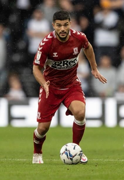 Middlesbrough's Sam Morsy breaks during the Sky Bet Championship match between Derby County and Middlesbrough at Pride Park Stadium on August 21,...