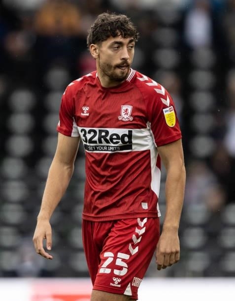 Middlesbrough's Matt Crooks looks on during the Sky Bet Championship match between Derby County and Middlesbrough at Pride Park Stadium on August 21,...