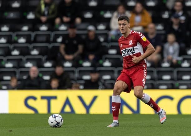 Middlesbrough's Dael Fry looks on during the Sky Bet Championship match between Derby County and Middlesbrough at Pride Park Stadium on August 21,...