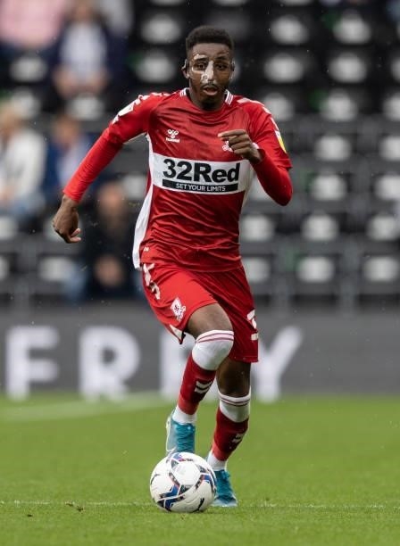 Middlesbrough's Isaiah Jones breaks during the Sky Bet Championship match between Derby County and Middlesbrough at Pride Park Stadium on August 21,...