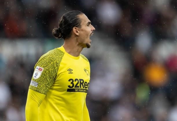 Derby County's Kelle Roos shouts at his defence during the Sky Bet Championship match between Derby County and Middlesbrough at Pride Park Stadium on...