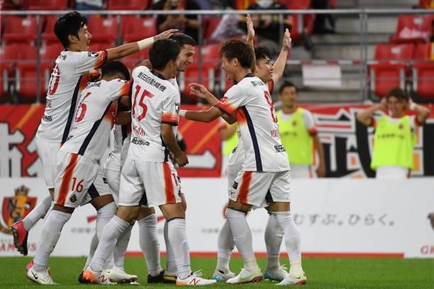 Swierczok of Nagoya Grampus celebrates the opener with his team mates during the J.League Meiji Yasuda J1 match between Nagoya Grampus and Avispa...