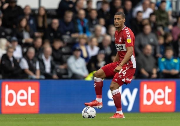 Middlesbrough's Lee Peltier looks on during the Sky Bet Championship match between Derby County and Middlesbrough at Pride Park Stadium on August 21,...