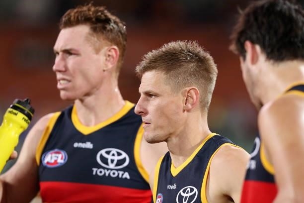 The last 3 quarter time address for leaving Crows players Tom Lynch and David Mackay during the 2021 AFL Round 23 match between the Adelaide Crows...
