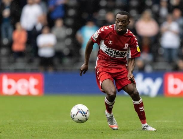 Middlesbrough's Marc Bola breaks during the Sky Bet Championship match between Derby County and Middlesbrough at Pride Park Stadium on August 21,...