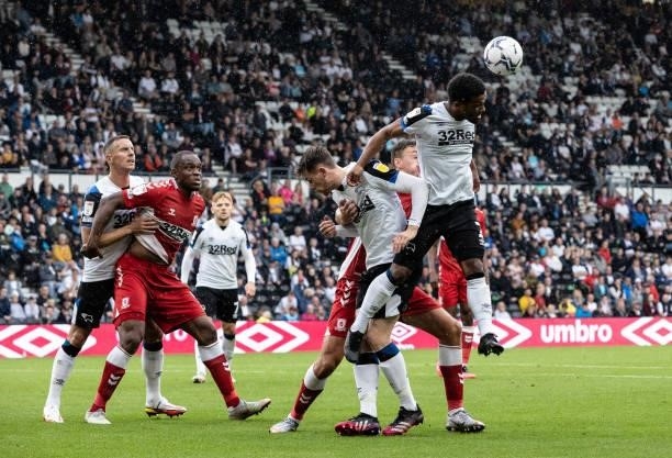 Derby County's Nathan Byrne clears a Middlesbrough attack during the Sky Bet Championship match between Derby County and Middlesbrough at Pride Park...