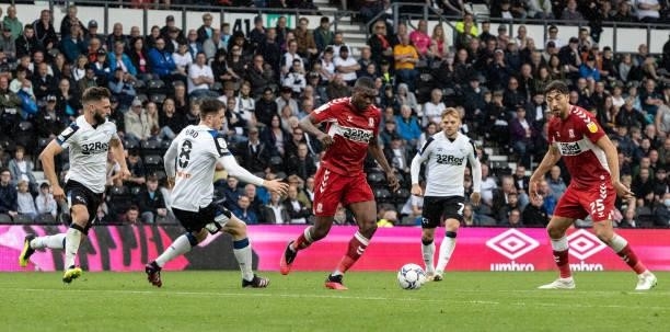 Middlesbrough's Anfernee Dijksteel breaks across the penalty area during the Sky Bet Championship match between Derby County and Middlesbrough at...