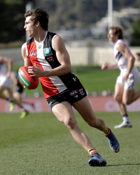 Jack Steele of the Saints in action during the 2021 AFL Round 23 match between the St Kilda Saints and the Fremantle Dockers at Blundstone Arena on...