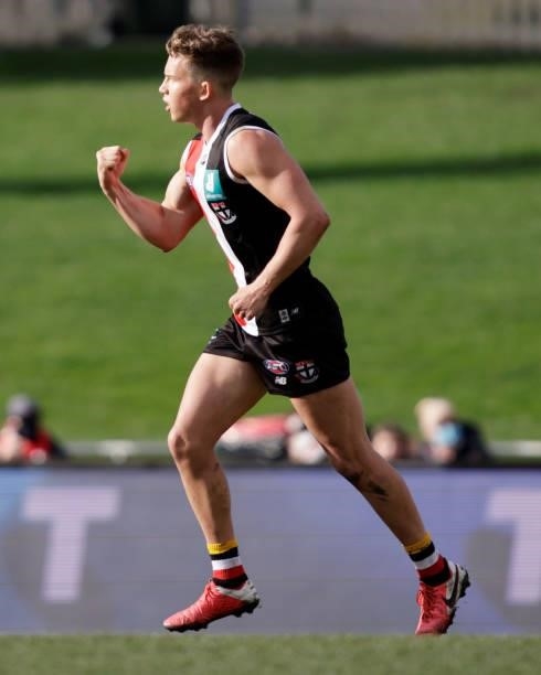 Jack Bytel of the Saints celebrates a goal during the 2021 AFL Round 23 match between the St Kilda Saints and the Fremantle Dockers at Blundstone...