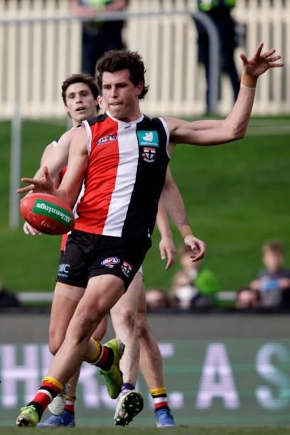 Rowan Marshall of the Saints kicks the ball during the 2021 AFL Round 23 match between the St Kilda Saints and the Fremantle Dockers at Blundstone...