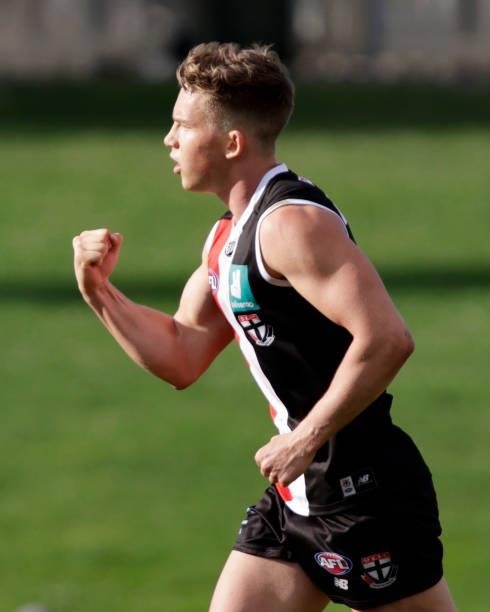 Jack Bytel of the Saints celebrates a goal during the 2021 AFL Round 23 match between the St Kilda Saints and the Fremantle Dockers at Blundstone...